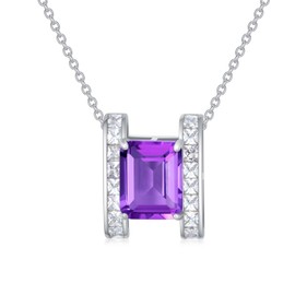 Lvoryance Genuine Amethyst Necklace for Women 925 Sterling Silver 7mm * 9mm Emerald Cut Purple Amethyst Pendant Necklace