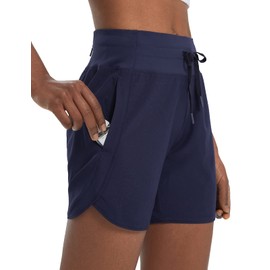 BALEAF - Pantalones cortos de entrenamiento deportivos para mujer, de 5 pulgadas, de cintura alta, con bolsillo con cierre, gimnasio, secado rápido, senderismo, deportes, marino, Large