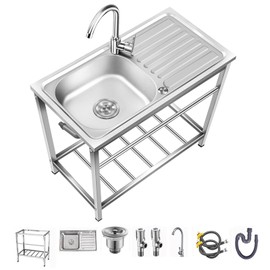 Outdoor Utility Sink,Free Standing Stainless Steel Laundry Tub, Single Bowl Portable Washing Hand Basin Station,fish Cleaning Table&Storage Shelves for Garage, Restaurant, Kitchen,Camping, Backyard