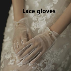 ZHUXILUDAO Women's lace gloves Vintage wedding bride Opera Pearl bow gloves (yarn, One size)