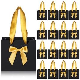 Kolldenn 50 Pcs Small Gift Bags with Bow Ribbon 4 x 2.7 x 4.5 Inches Mini Thank You Bags with Handle Paper Party Favor Gift Bags Bulk for Wedding Baby Shower Birthday Guests(Black and Gold)