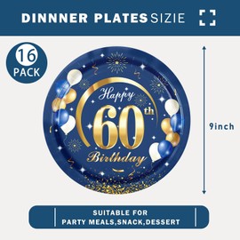 MORAINJAY 16Pcs Birthday Plates for 60,Navy Blue 9inch Paper Plates for 60th Birthday Party, Small Paper Plates for Men Women Her Him,Birthday Party Supplies Table Decor