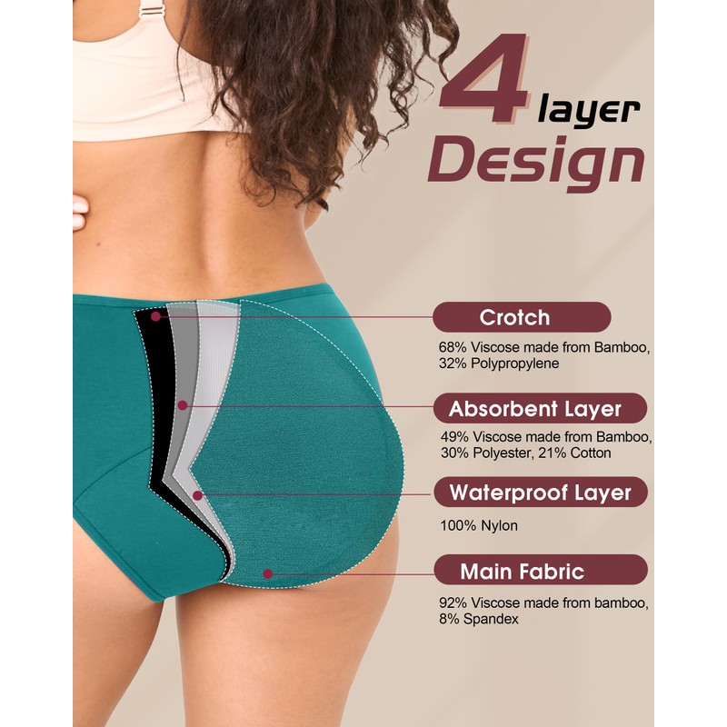 BAMBOO COOL Womens Period Underwear Heavy Flow Absorbent Panties High