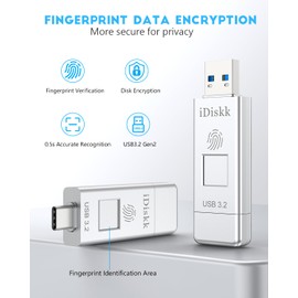 iDiskk Fingerprint Authentication, USB Flash Drive, 128 GB, USB3.2 Gen2, Flash Memory, Maximum Reading Speed of 450 MB/s (USB 3.2+ Type-C Connector, 2 Options for Use with APP or Not Used), OTG