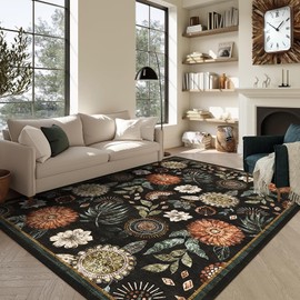 GarveeHome 9x12 Floral Washable Area Rug: Large Living Room Area Rug with Non-Slip Backing Washable Ultra Soft Bedroom Floral Carpet Indoor Stain Resistant Carpet for Dining Room 9 * 12ft Black
