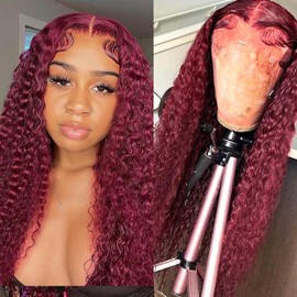 BAESITTE 99J Burgundy Deep Wave Lace Front Wigs Human Hair 13x4 HD Transparent Curly Lace Front Wigs Pre Plucked with Baby Hair Glueless Human Hair Wig for Black Women Wet Wavy Red Colored 22 Inch