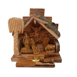 Bethlehem Gifts TM Olive Wood Christmas Nativity Scene Set Stable with Figurines from Jerusalem (4.5" high Alabaster Stable with glued Figurines)