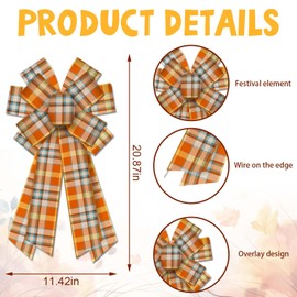 Hying Large Fall Bows for Wreath, Autumn Wreath Bows Orange Buffalo Plaid Bows Thanksgiving Farmhouse Craft Bows for Front Door Fall Thanksgiving Day Party Decorations Supplies