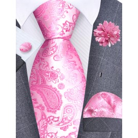 GUSLESON Pink Paisley Tie for Wedding Business Party Necktie Pocket Square Cufflinks and Lapel Pin Brooch Set (6105-26)