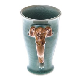 NOVICA Artisan Handmade Celadon Ceramic Mug Elephantthemed from Thailand Brown Green Tableware Dinnerware Mugs Cups Animal [5.75in H x 4.9in W x 3.5in D 12 Oz.] ' Elephant Handle in Green'