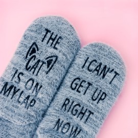 Jeasona House Socks Women's Winter Non-Slip Hut Socks Women's Warm Thick Fluffy Socks Gifts for Women Christmas, grey cat with letter