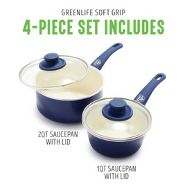 GreenLife Soft Grip 1QT and 2QT Saucepan Set, Healthy Ceramic Nonstick, Non Toxic PFAS & PFOA-Free, Dishwasher Safe, Glass Lids, Stay-Cool Handles, Easy Clean Cookware, Kitchen Essentials, Blue