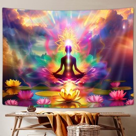 MERCHR Chakra Spiritual Tapestry, Yoga Room Pink Lotus Zen Hippie Tapestry Wall Hanging for Bedroom, Colorful Mandala Tapestries Poster Dorm Meditation Accessories Home Decor 40X30Inches