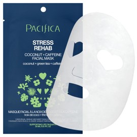 Pacifica Sheet Mask - Stress Rehab Coconut  Caffeine Facial Mask - De-Stress Sheet Mask for Redness  Puffiness Relief, Infused wGreen Tea, Turmeric