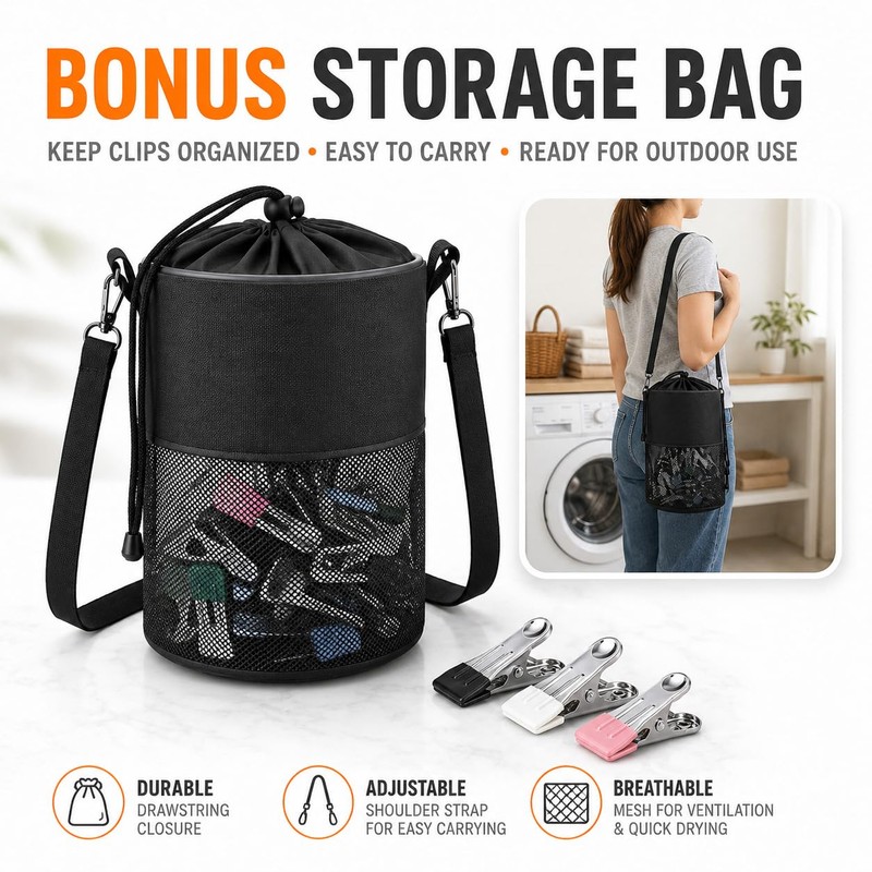 1PCS Peg Bag for Washing Line with Strap 64PCS Stainless