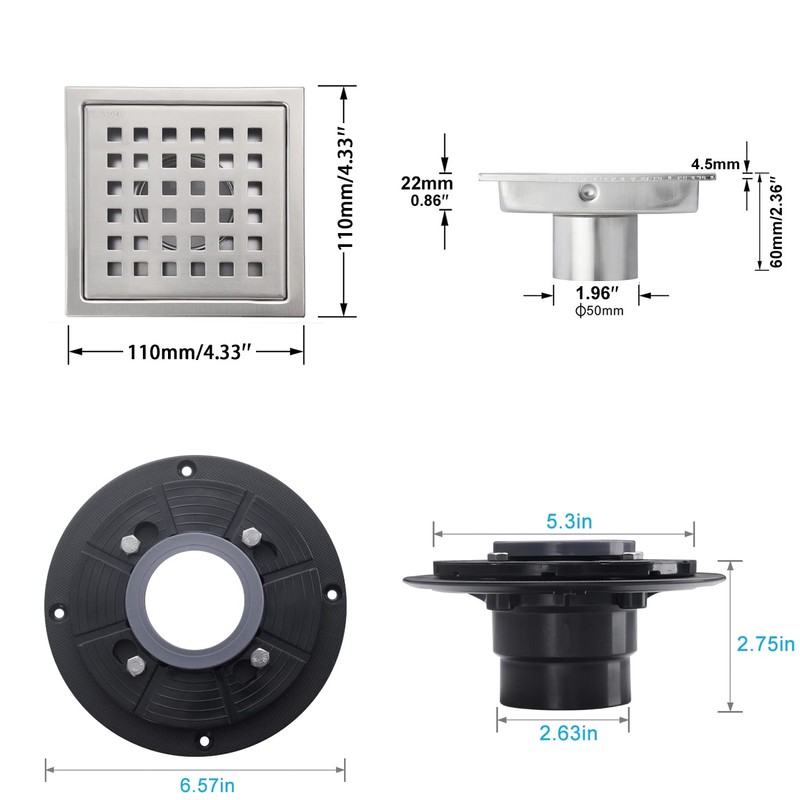 SISEHO 4 Inch Brushed Nickel Shower Floor Drain Square for
