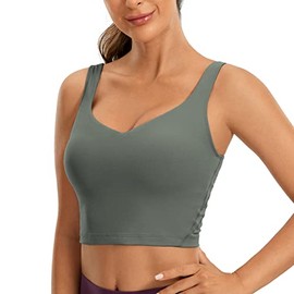 CRZ YOGA Butterluxe Womens V Neck Longline Sports Bra - Padded Workout Crop Tank Top with Built in Bra Grey Sage Small