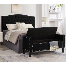 Favfurish Velvet Storage Ottoman with Armrests and Nails Trim,Entryway Living Room Soft Padded Seat,Bed Bench Bedroom End of Bed,Black (48”L X 18.5” W X 22” H)