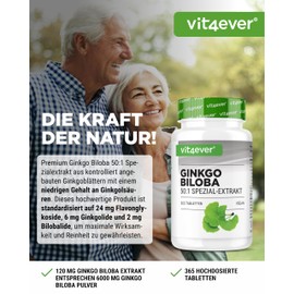 Vit4ever Ginkgo Biloba 6000 mg - 365 Tabletten – Premium Extrakt: Mit Flavonglykoside + Ginkgolid-Terpenlactone & frei Ginkgolsäure - Laborgeprüft - Hochdosiert – Vegan