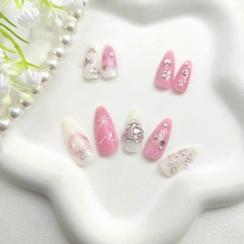 24Pcs Almond Press on Nails Medium Fake Nails with Love Stars Bow Pearl Designs Rhinestones Glue on Nails White Pink Full Cover Acrylic False Nails Glossy Artificial Stick on Nails for Women Girls