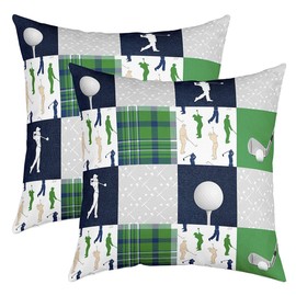 Homewish Golf Themed Throw Pillow Covers Watercolor Green Blue Gray Grid Stripes Cushion Covers for Kids Teens Adults Extreme Sports Game Style Cushion Cases for Bedroom Sofa Car 18x18 Inch Set of 2