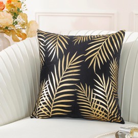 TAOSON Pack of 2,Gold Pillow Covers Velvet Cozy Soft Gold Stamping Leaves Decorative Cozy Soft Throw Pillow Cases Cushion Covers Shells for Sofa Couch Bed Home Decoration 18 x 18 Inches Black