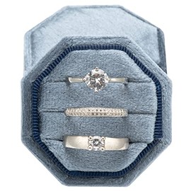 Giftop Equal Octagon Velvet Ring Box Storage 3 Slots for Wedding Ceremony Proposal Engagement Birthday Gift (Vintage Blue)