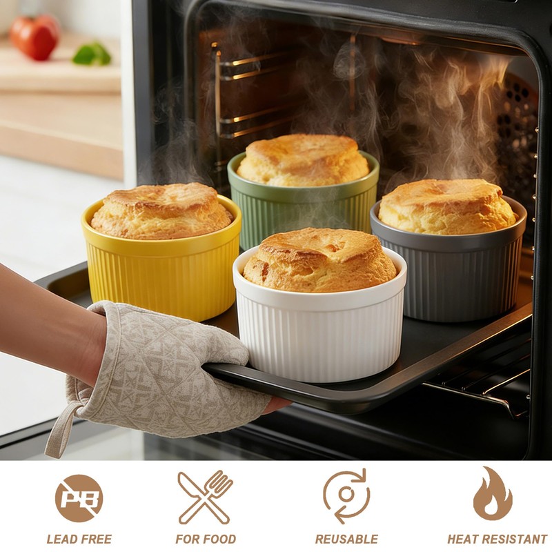 14 oz Ceramic Ramekins with Lids, Set of 4 Oven