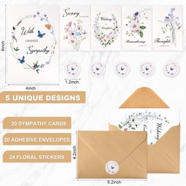 C2U 20 Pack Sympathy Cards with Envelopes & Stickers – Elegant Floral Condolence Cards for Funeral, Bereavement & Grief Support – Thinking of You Cards with Pre-Printed Messages & Space to Write – 5 Unique Designs