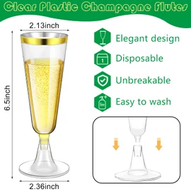 300 Pcs Plastic Champagne Flutes Bulk, 4.5 oz Clear Disposable Champagne Flutes, Rimmed Toasting Champagne Glasses for Wedding Birthday Anniversary Celebration Party Wine (Gold Rim)