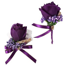 Rose Wrist Corsage Bridesmaid and Boutonniere Set for Wedding Prom Party Hand Flower Decoration of 2 (Blue) - Color: Purple