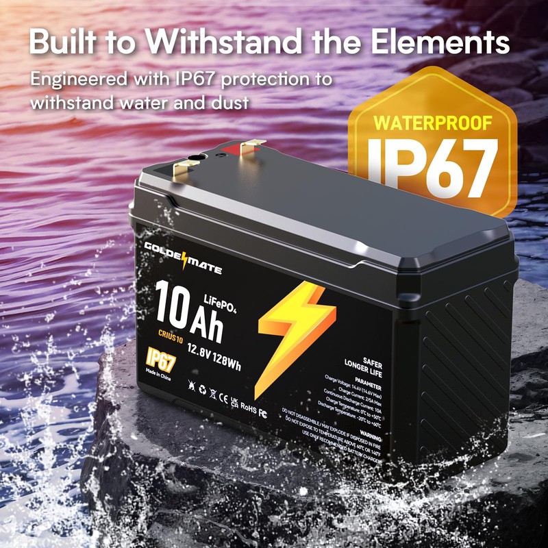 GOLDENMATE 12V 10Ah LiFePO4 Lithium Battery, 5000+ Deep Cycles, IP67