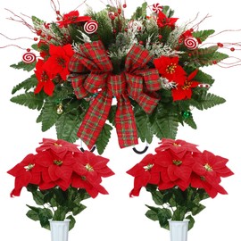 Thiccywoov 3 Pieces Christmas Cemetery Flowers Christmas Snow Frosted Headstone Saddle Red Poinsettias Memorial Bouquets with Vase Berries Snow Pine Tied Outdoor Grave Decoration (Candy Canes)