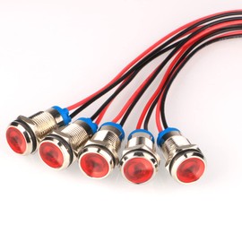 Kiligen 5pcs 10mm AC/DC 12-24V LED Metal Indicator Light Waterproof Signal Lamp Pilot Directional with Dash Wire (Red)