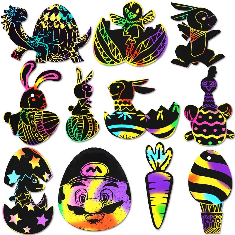 FINGOOO 48 pieces Easter Scratch Art for Kids Egg Scratch