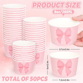 FYSUIMU 50 Pcs Pink Bow Snack Cups Bowknot Coquette Disposable Bowls 9oz Dessert Food Treat Paper Bowls for Birthday Baby Shower Bachelorette Party Supplies