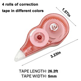 4 White Core Out Correction Tape with Dispenser, Fast, Clean, Tear Resistant, Easy to Use, 0.2" (5mm) Wide x 26.26' (8m) Long Each, for Office or School Supplies, Memo Taking, Journaling