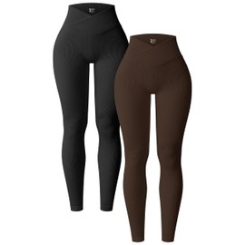 OQQ Women's 2 Piece Yoga Leggings Ribbed Seamless Workout High Waist Cross Over Athletic Exercise Leggings Black Darkbrown