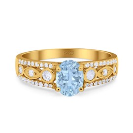 OMRANII Yellow Tone Natural Aquamarine Size-7 Art Deco Ring Oval Marquise Vintage Style CZ Bridal Wedding Engagement Rings For Women 925 Sterling Silver Gift For Her