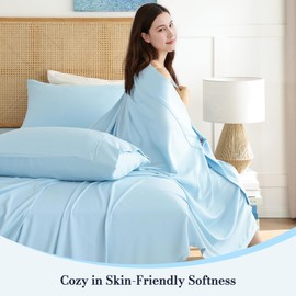 Full Sheet Set 4 Piece, Soft Breathable Cooling Microfiber Bed Sheets with Extra Deep Pocket 16'', Easy Care Wrinkle Free Luxury Hotel Bedding, Oeko-Tex Certified Bedsheet, Sky Blue