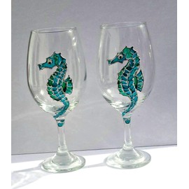 Seahorse Blue Green Hand Painted Wine Glasses Set of 2