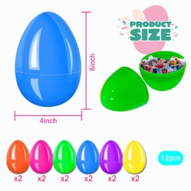 REJODA 12 Pieces 6" Jumbo Plastic Bright Solid Easter Eggs Assorted Colors for Filling Treats, Easter Theme Party Favor, Easter Eggs Hunt, Basket Stuffers Fillers, Classroom Prize Supplies Toy