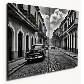 The Plum Penguin Cuban Street Scene Wall Art, Dual A4 Wood MDF Panels, Monochrome Home Decor Canvas Alternative 40 x 30cm