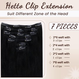Hetto Remy, Clip-In Real Hair Extensions, Black, Clip-In, Real Hair Remy Extensions, Natural, Clip-In Hair Extensions, Black, #1, 22 cm, 120 g