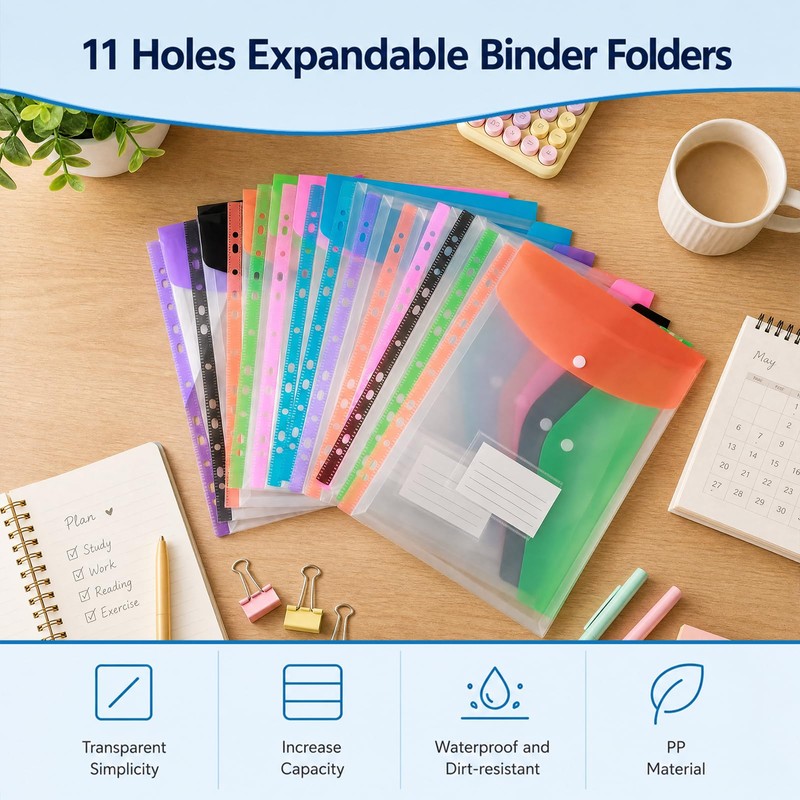 11 Hole Expanding File Pockets, Horizontal & Vertical Plastic Envelopes,