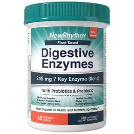 NewRhythm Digestive Enzymes 245 mg, with Probiotics and Prebiotics, Plant Based, 7 Key Enzymes, Digestion, Nutrient Absorption, Protease Amylase & Lipase, 60 Vegan Capsules