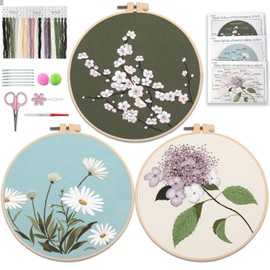 Aucuu 3 Flower Pattern Sets, Hand Embroidery Kit, Embroidery Starter Kits, Includes 3 Patterned Embroidery Cloths, Threads, 3 Paper Instructions, 6 Needles,1 Hoop,other accessories and Video tutorials