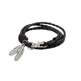 Vintage Feather Charms Leather Braided Bracelet Multi-Layer Punk Style Wrap Bracelet for Men Women-Black