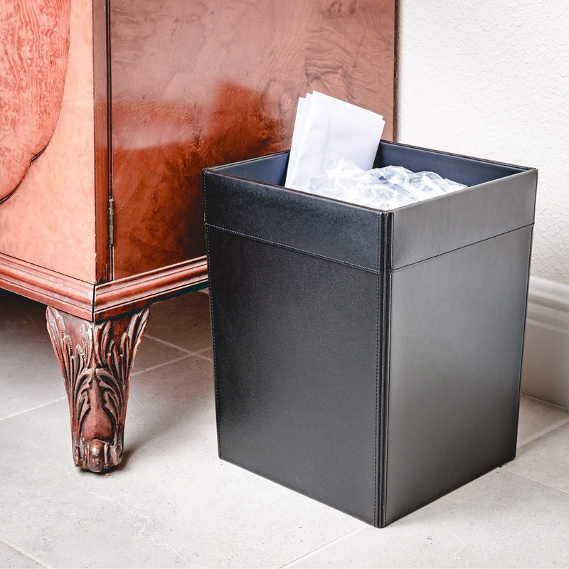 Classic Black Leather Square Waste Basket