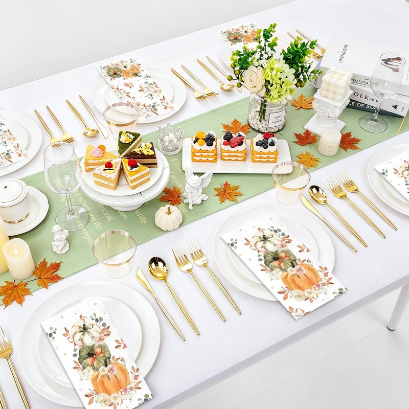 80 Pcs Boho Fall Pumpkin Paper Napkins Watercolor Floral Napkins
